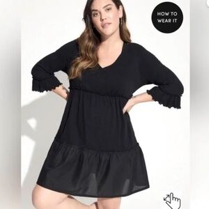 Torrid Black Cotton Mini Ruffle Long Sleeve Cover-Up Dress Size 1 1X 14/16 NWT
